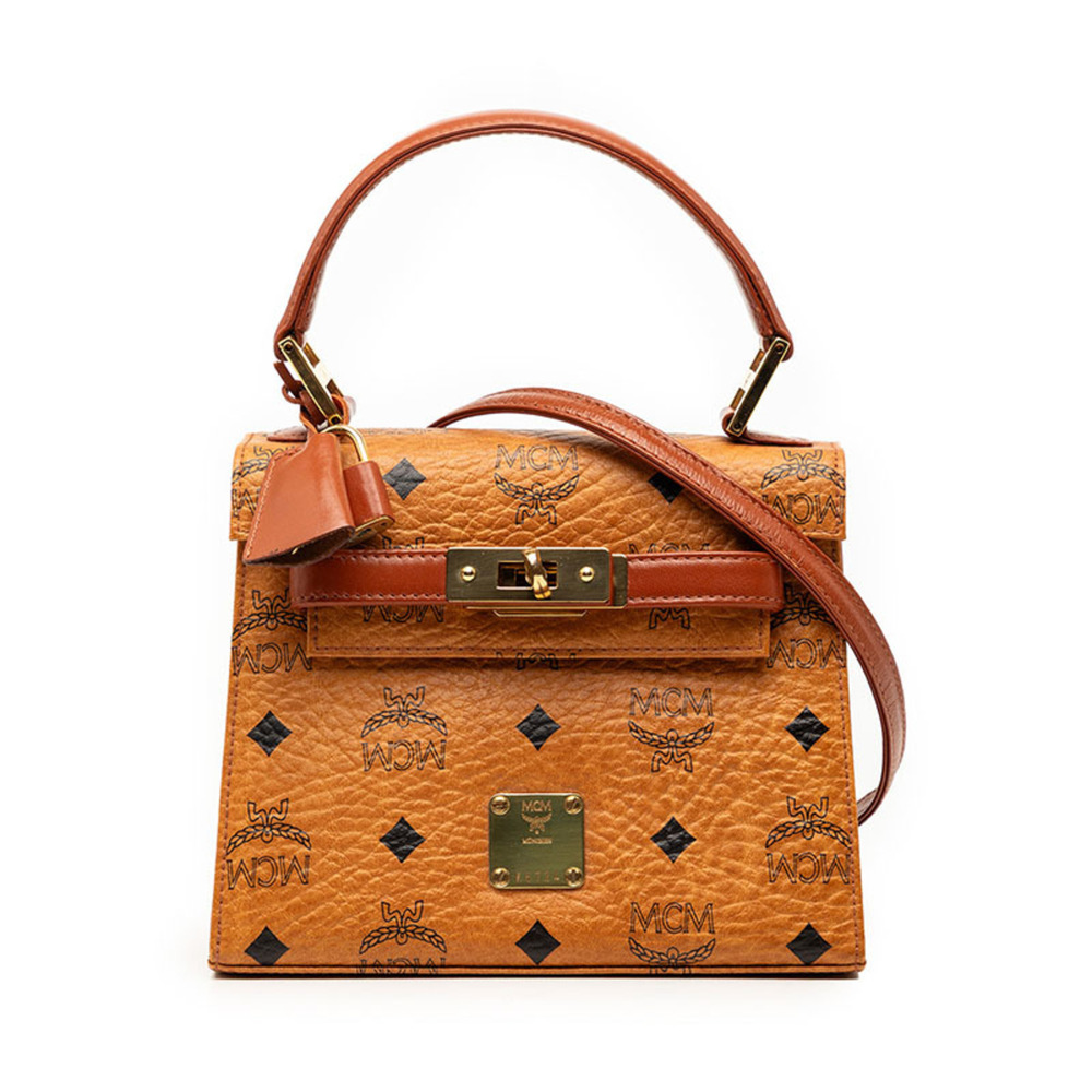MCM Visetos Top Handle Handbag Shoulder Bag 2-Way Cognac Brown Leather Women's